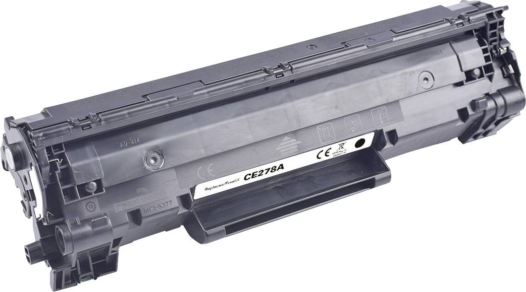 A black toner cartridge labeled 'CE278A', suitable for use in specific laser printers, featuring clear electronic components and safety symbols.