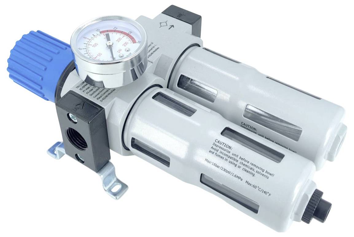 Air filter regulator with two connected cylindrical components, pressure gauge on top, and blue adjustment knob on the side.