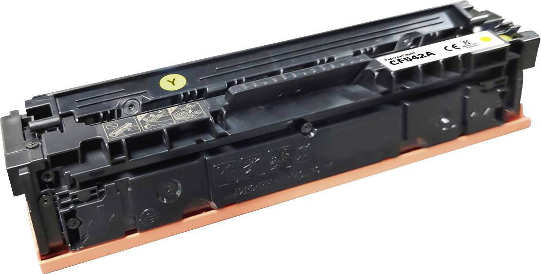 Black toner cartridge for printer, labeled 'CE402A', with yellow label indicating color compatibility.