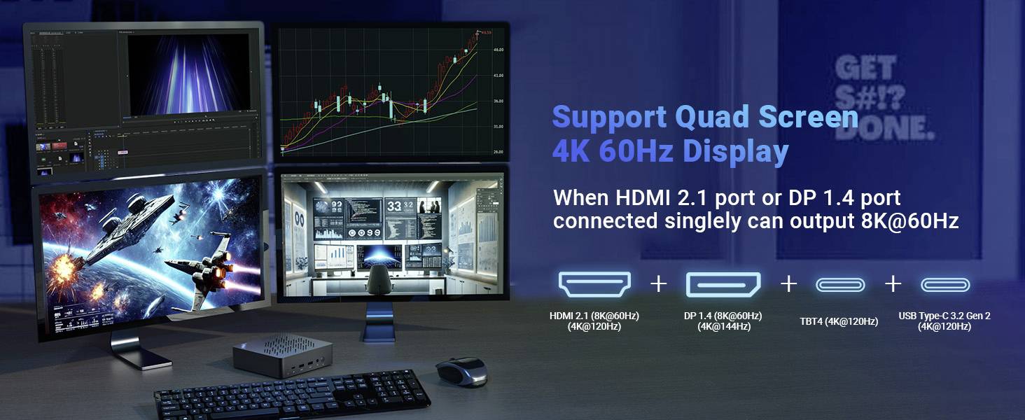 Quad screen setup showing various displays: video editing, gaming, workspace. Supports 4K 60Hz. HDMI 2.1, DP 1.4, and USB-C inputs shown.