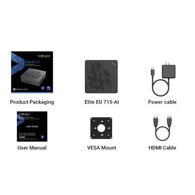 'Image showing components of MINIX Elite EU715: product packaging, user manual, Elite EU 715-AI device, power cable, VESA mount, HDMI cable.'