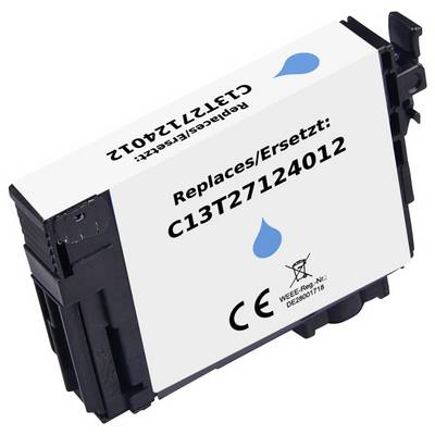 Black ink cartridge labeled 'Replaces/Ersetzt: C13T27124012' with a blue droplet icon and certification marks.