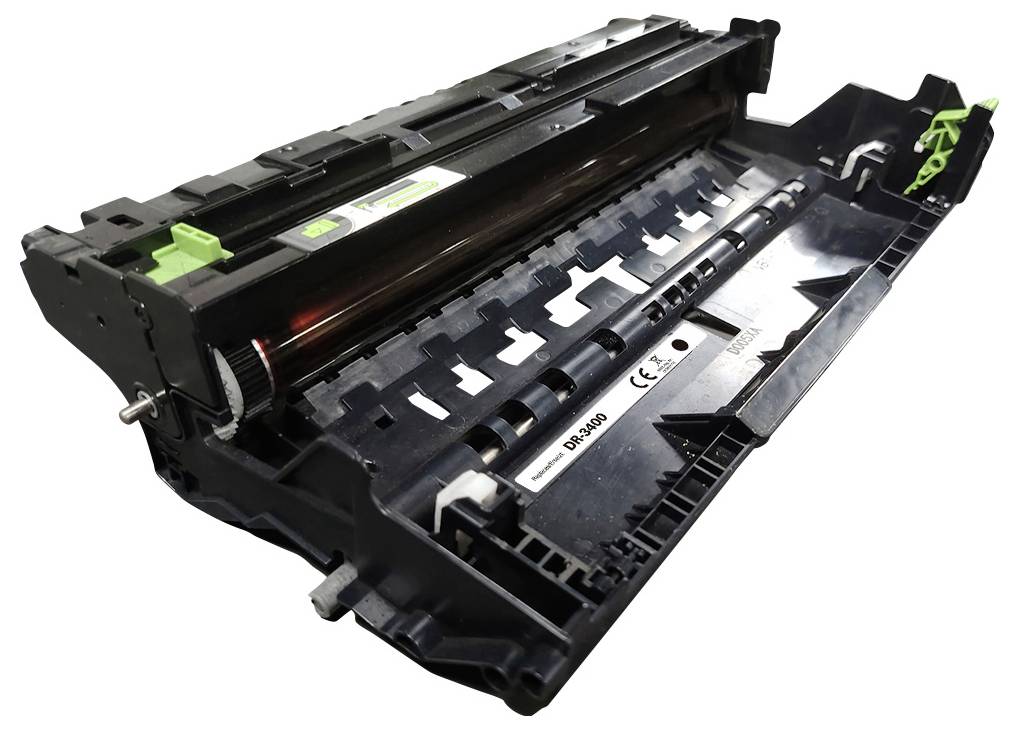 'Toner cartridge interior view, showcasing mechanical components and metallic drum, used for printing in laser printers.'