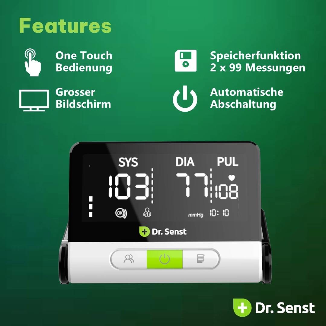 A digital blood pressure monitor with a large screen shows SYS 120, DIA 77, PUL 108. Functions: one-button operation, memory, automatic switch-off.
