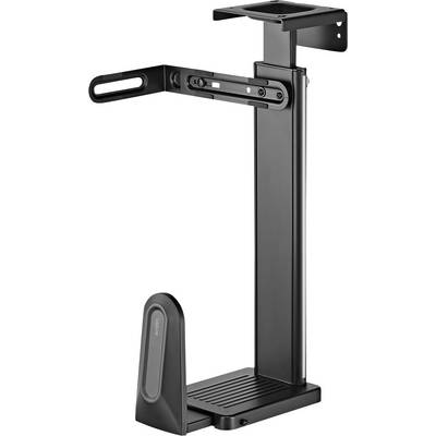 A black adjustable PC holder stand with a flat base and a vertical arm for supporting a computer tower, designed for under-desk mounting.