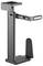 A black, adjustable metal CPU holder with a vertical support and a small platform for securing a computer tower.