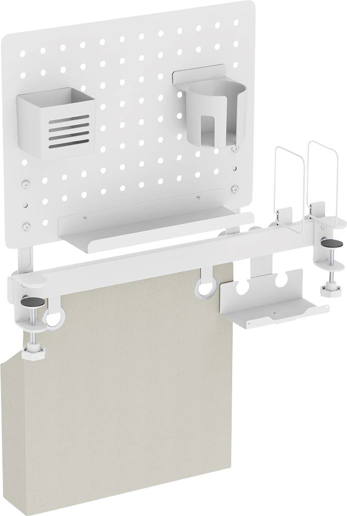 An adjustable white desk partition with mounted accessories including a slotted organizer, pencil holder, and hooks, designed for workspace organization.