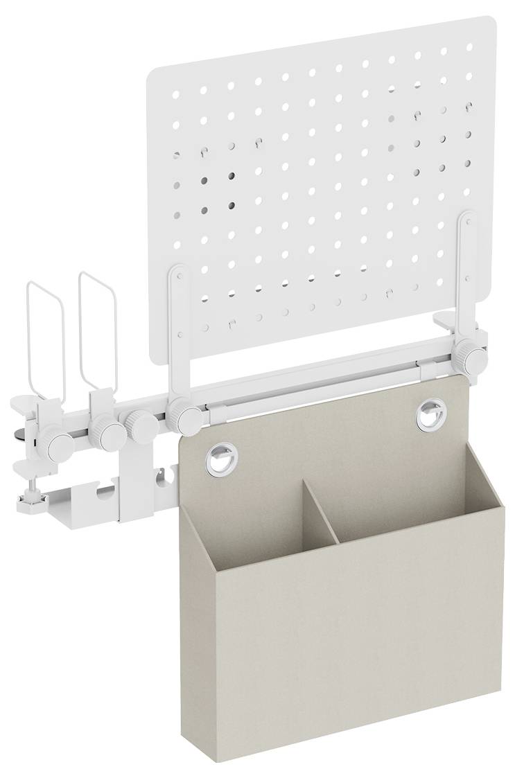 A white adjustable storage system with a perforated panel, vertical compartments, and two hooks, designed for organizing office supplies.