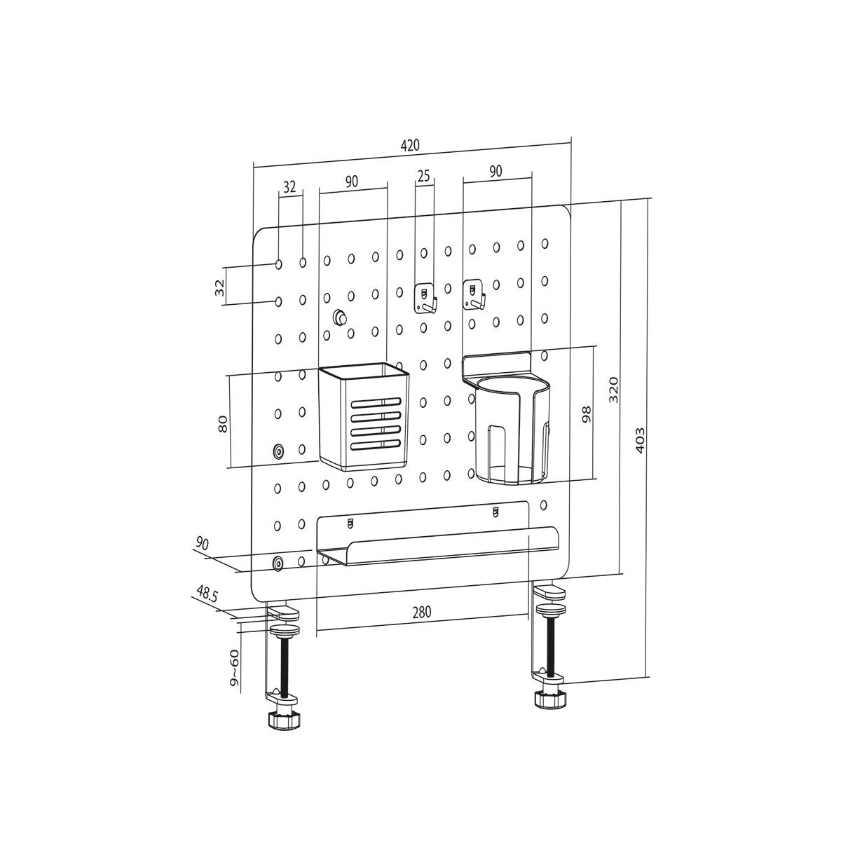 A technical drawing of a wall-mounted storage system with dimensions in millimeters: 420 wide, 403 high, featuring shelves and containers.