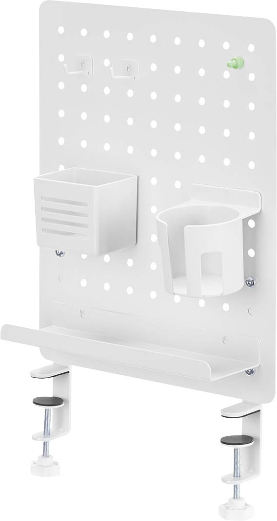 Wall-mounted white pegboard with hooks, a cup holder, a small storage box, and adjustable clamps on the bottom for attaching to surfaces.