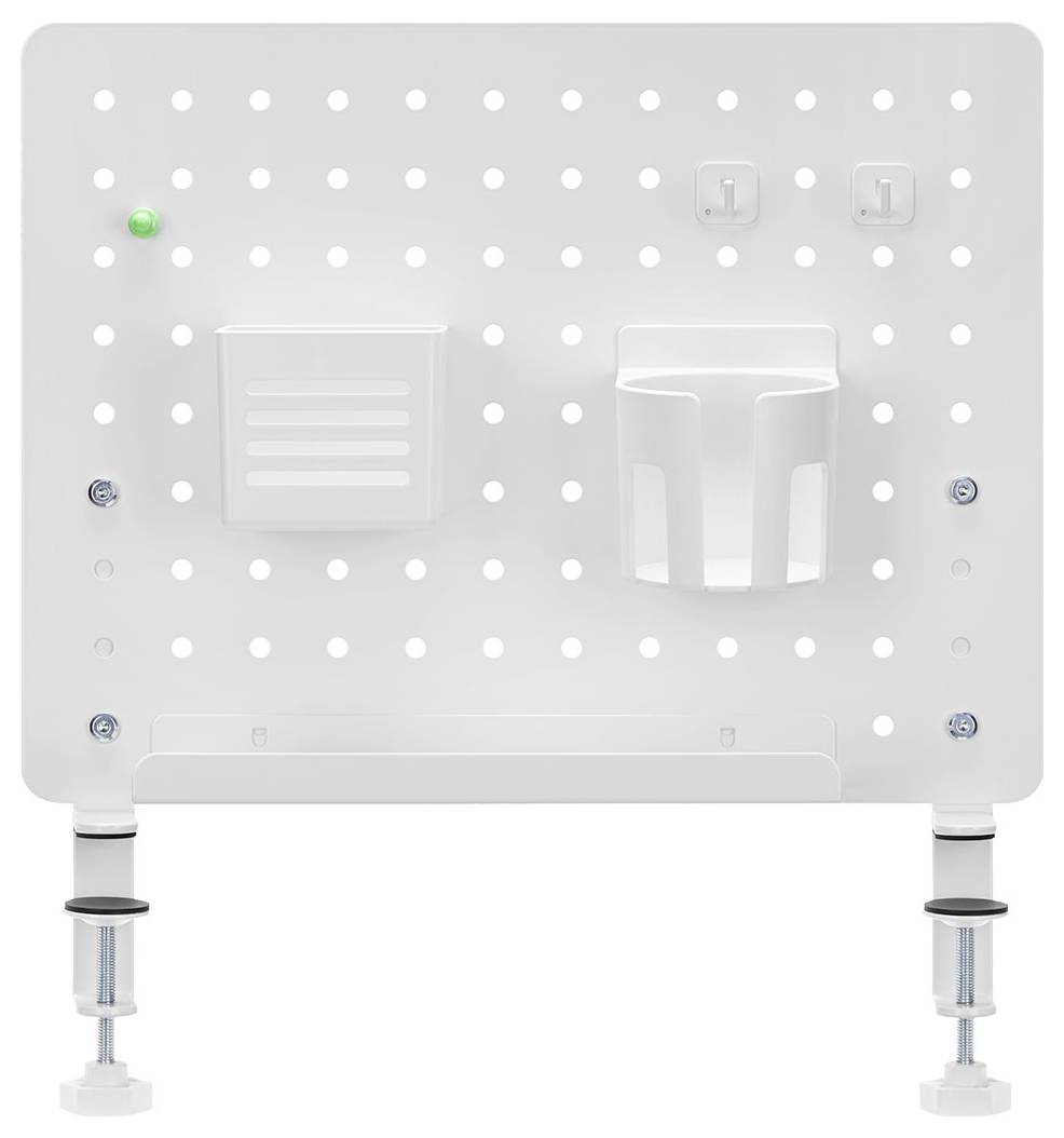 A white perforated board with a shelf, a cup holder, and two hooks for organizing. It has adjustable legs and a green light indicator.