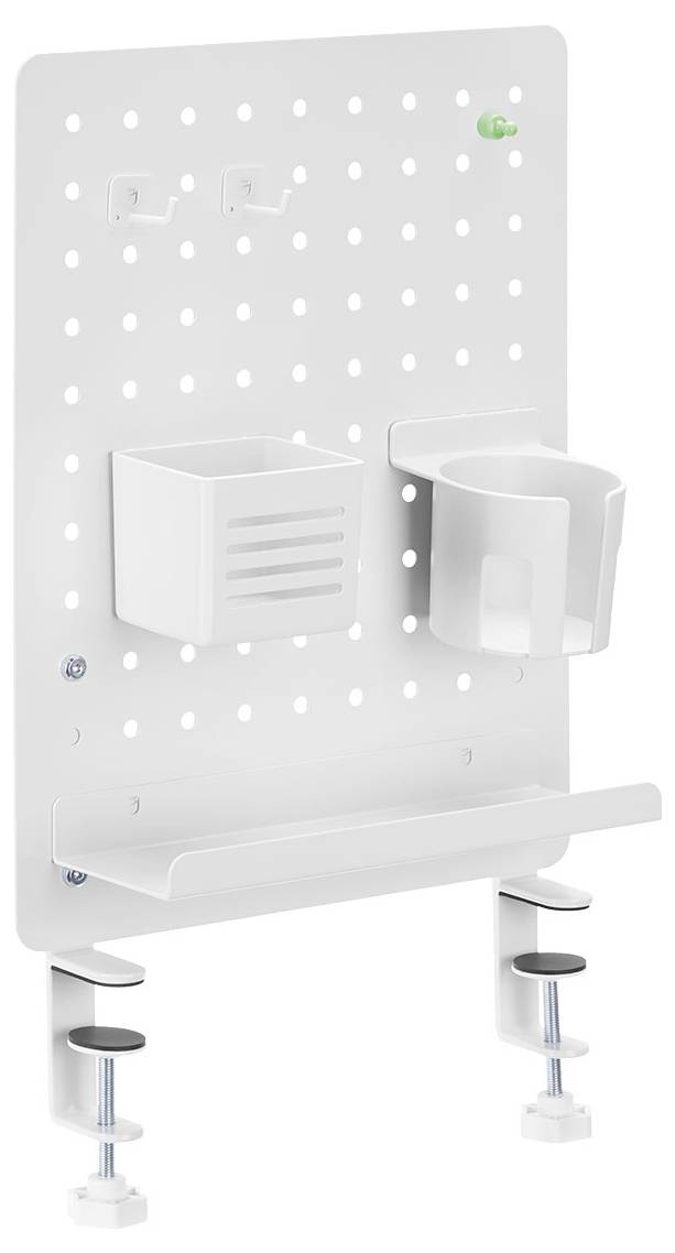 Wall-mounted white pegboard with attachments, including a basket, holder, and shelf, used for organizing tools or accessories.