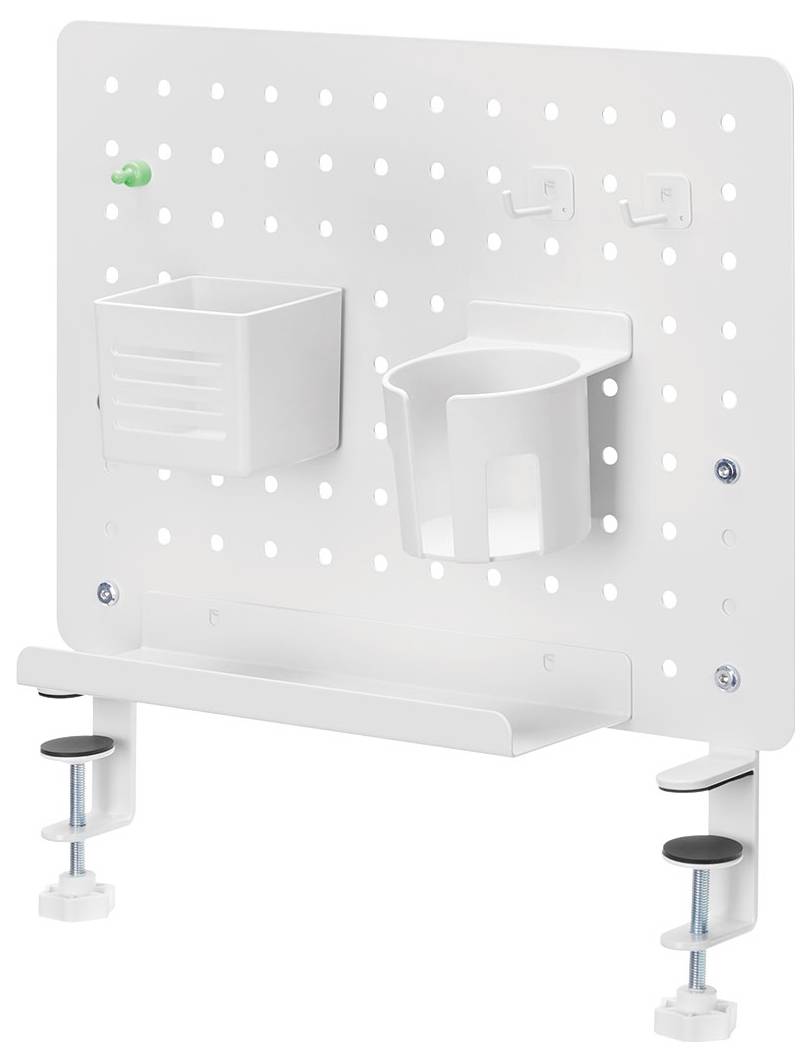 A white pegboard with two attached holders and hooks, designed for desk organization, displayed against a plain background.