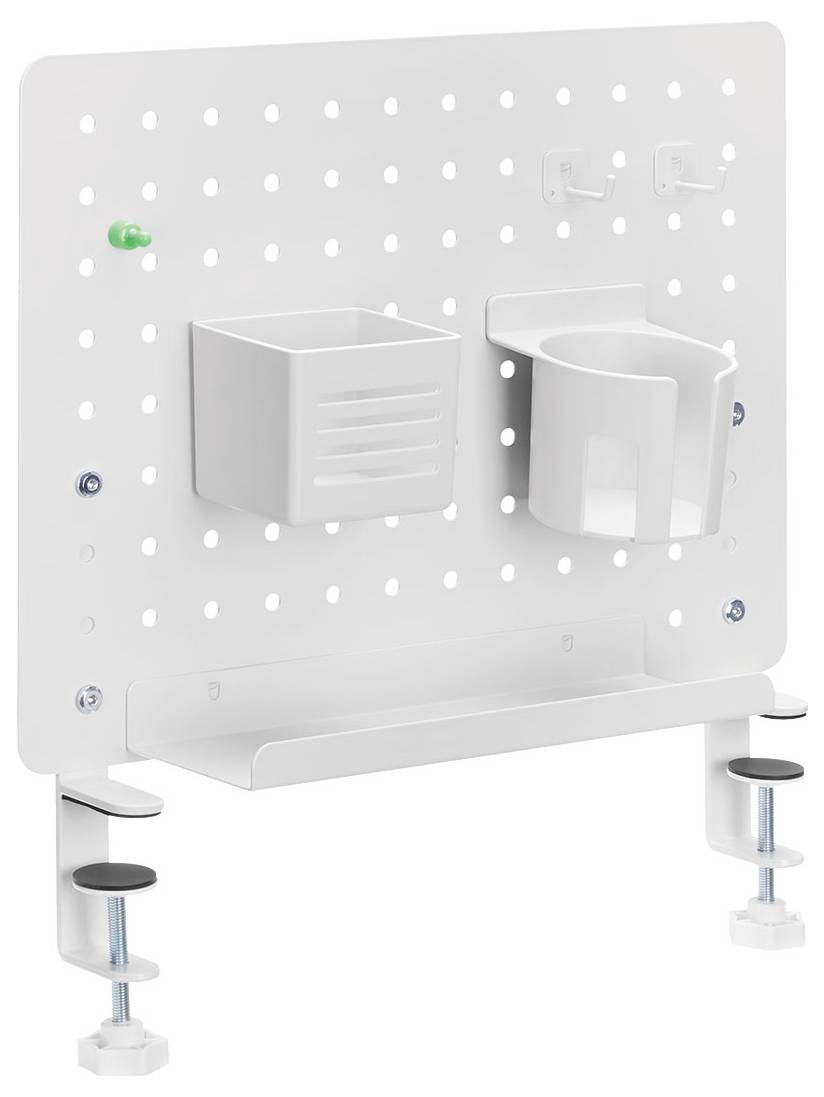 A white pegboard mounted with storage containers and hooks, clamped to a tabletop.