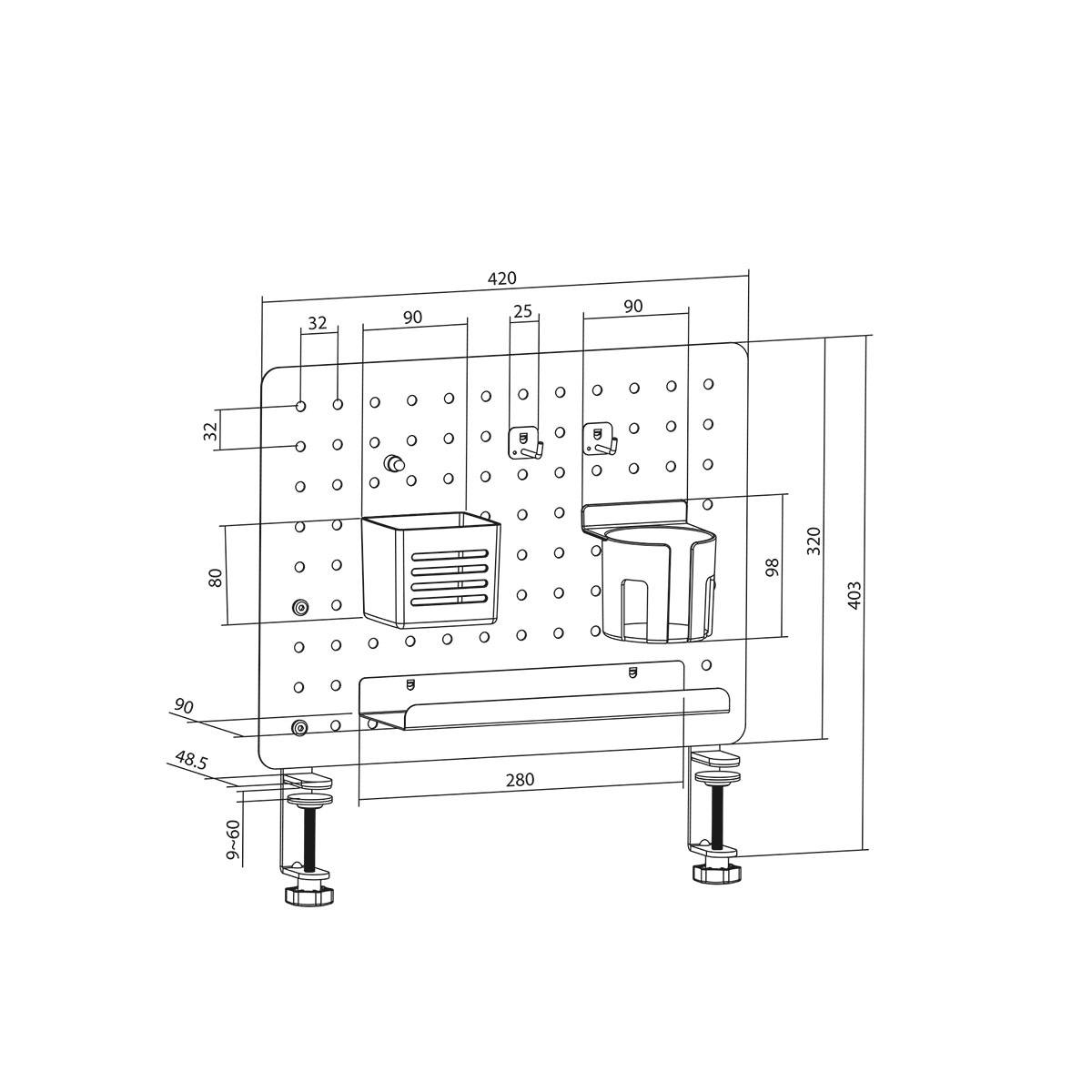 Technical diagram of a wall-mounted bracket, showing measurements in millimeters for holes and bracket placements on the panel.