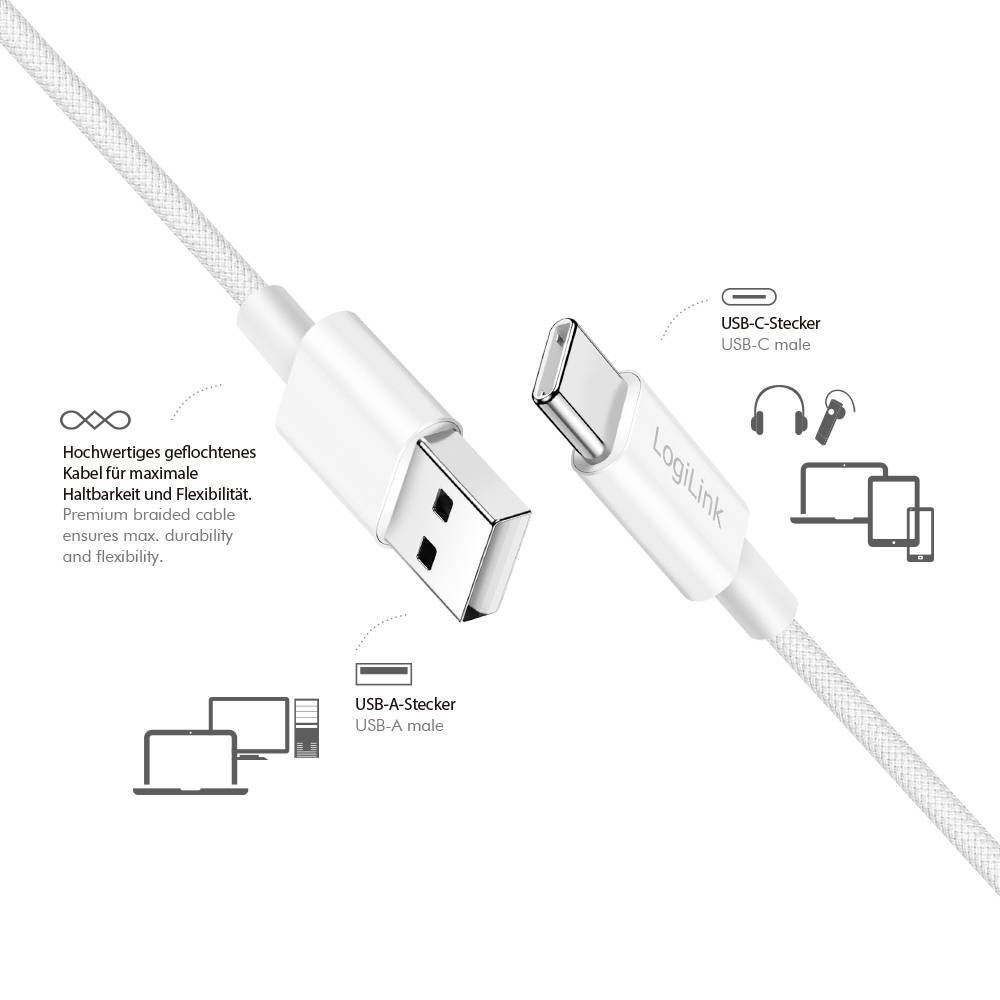 A white USB-A to USB-C cable with descriptions in German highlighting features like durability, flexibility, and compatibility with laptops and headphones.