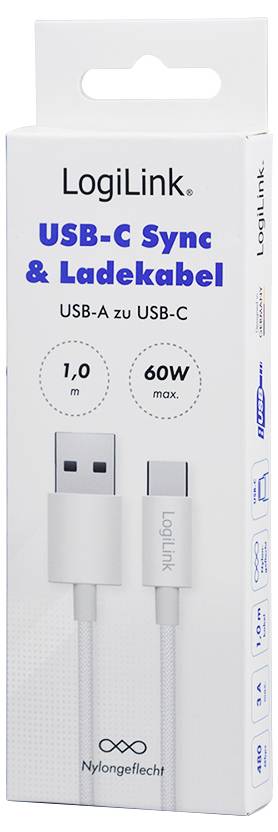 Packaging for LogiLink USB-C sync and charging cable. Features: USB-A to USB-C, 1 meter length, 60W max power, nylon braided.