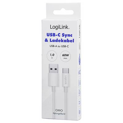 Packaging for LogiLink USB-C sync and charging cable. Features: USB-A to USB-C, 1 meter length, 60W max power, nylon braided.