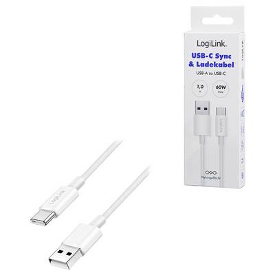 LogiLink USB-C to USB-A cable, 1m length, 60W power, in white color with packaging showing product image and specifications.