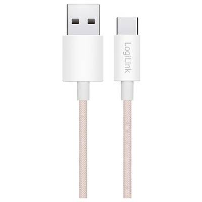 A white and pink braided USB Type-A to USB Type-C cable labeled 'LogiLink', showing both connectors.