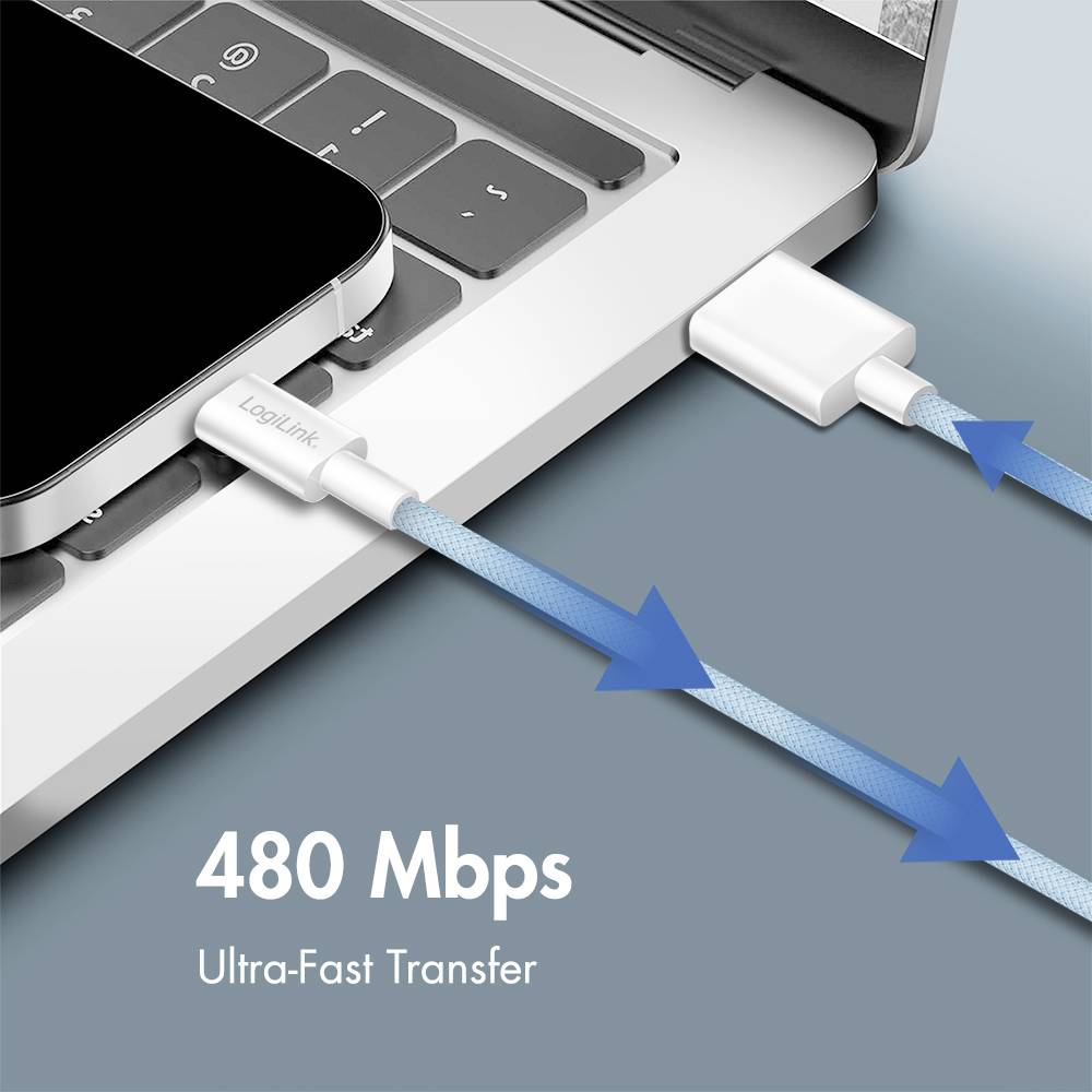 A blue cable with arrows signifies data transfer at '480 Mbps Ultra-Fast Transfer' between a smartphone and a laptop.