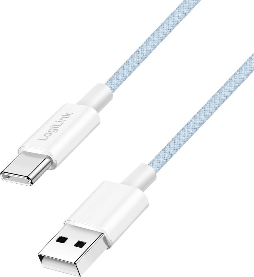 A blue USB-C to USB-A cable with white connectors.