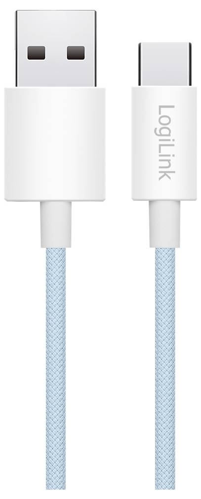White USB to USB-C cable with blue braided covering, connectors shown upright. Cable is from LogiLink brand.
