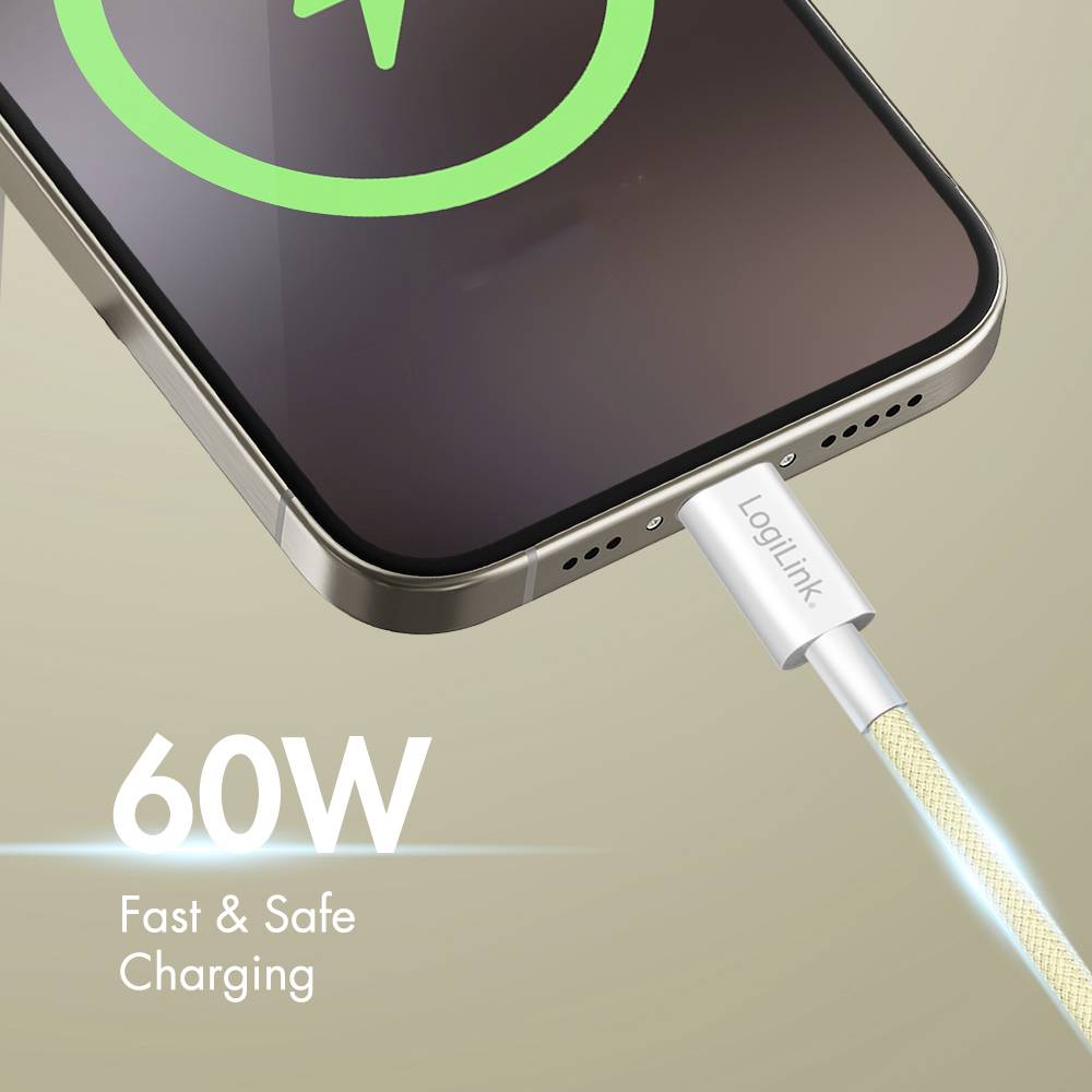 A smartphone connected to a 'LogiLink' charging cable displaying a green battery symbol. Text reads, '60W Fast & Safe Charging'.