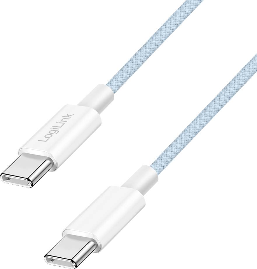 A light blue braided USB-C cable with white connectors from LogiLink.