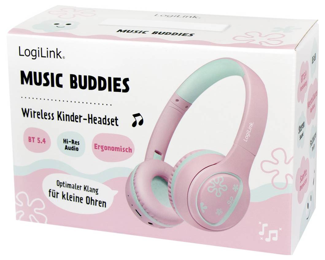The image shows a product box for LogiLink 'Music Buddies', a wireless children's headset in pink and blue, featuring ergonomic design and built-in Bluetooth 5.4, advertised as providing 'optimal sound for little ears'.