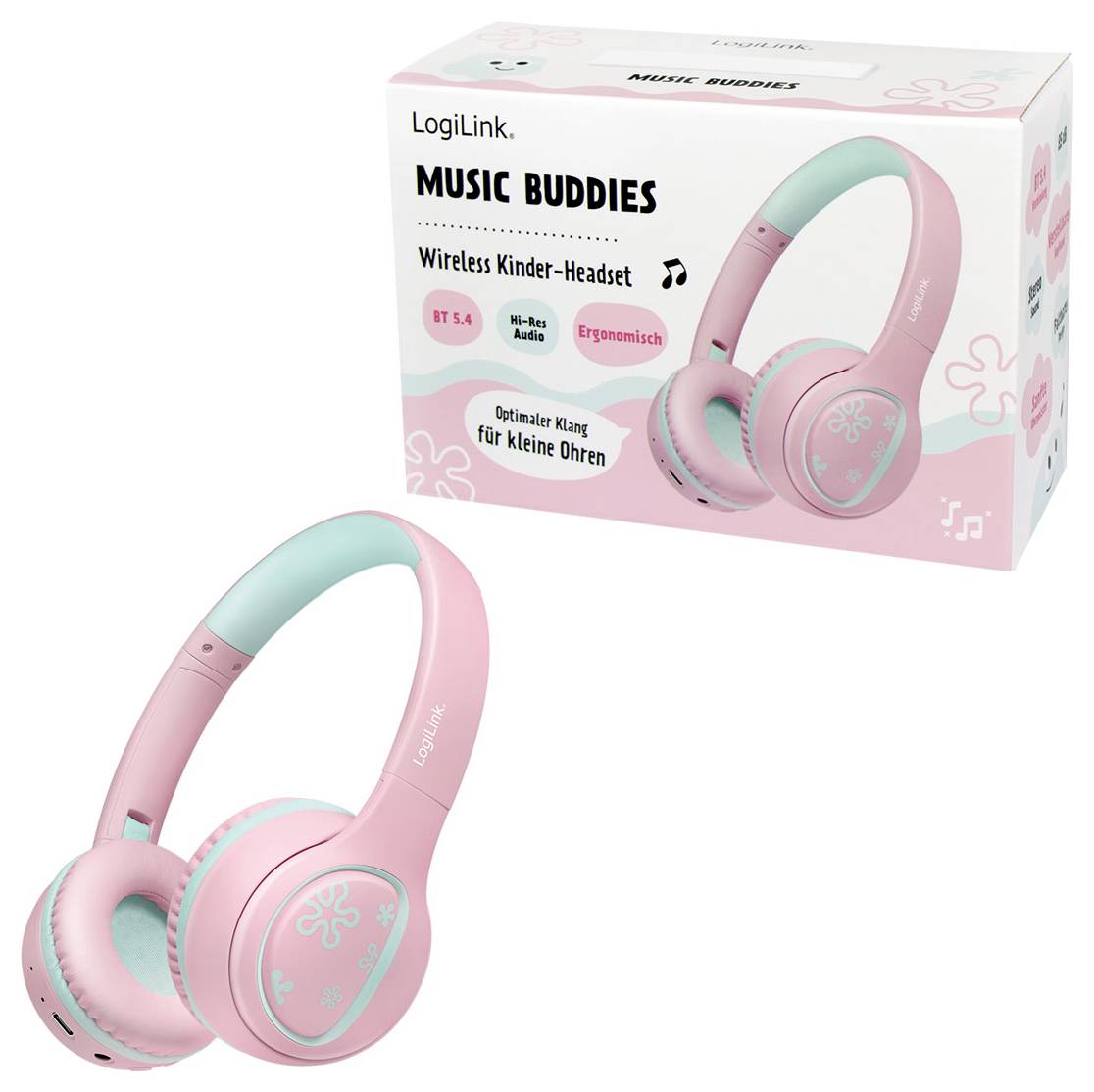Pink and turquoise wireless children's headphones with music-themed box indicating features like Bluetooth 5.0 and ergonomic design.