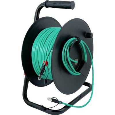 A black cable reel with a green cable neatly wound around it. The cable ends with a plug and a socket, suitable for electrical connections.