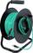 A black cable reel with a green cable neatly wound around it. The cable ends with a plug and a socket, suitable for electrical connections.