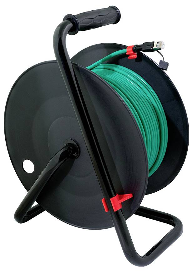 A black cable reel holds green extension cable with a black and red plug clipped on top, featuring a stand and handle.