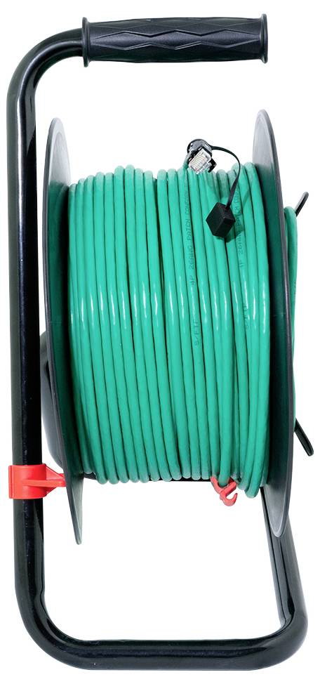 A black cable reel holding a long coil of green extension cord, with a handle on top for easy transport.