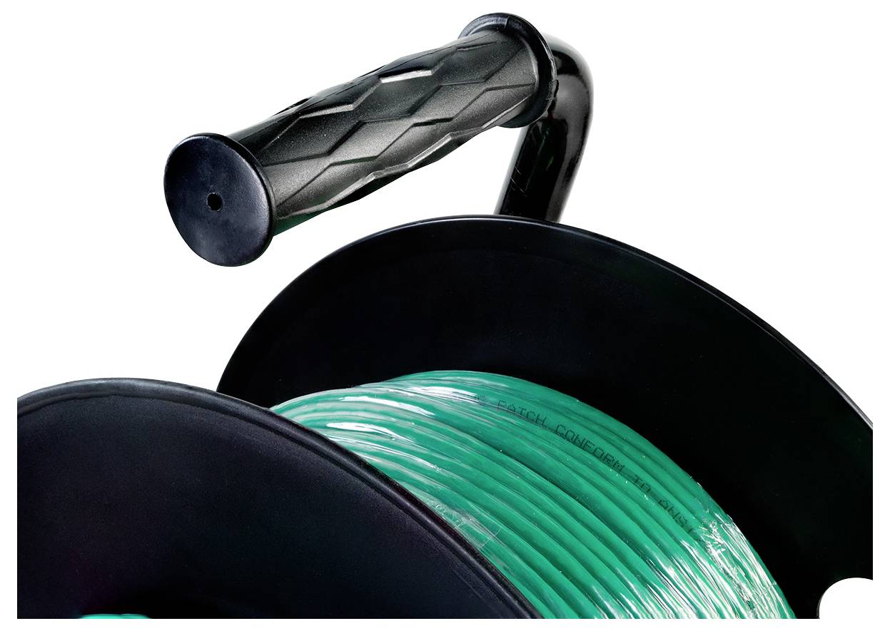 A close-up of a green coiled cable on a spool with a black handle, suggesting it is ready for easy transport or unwinding.