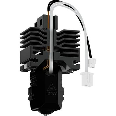 A 3D printer extruder nozzle with heat sink and wiring visible, designed for precise filament extrusion in a 3D printing setup.