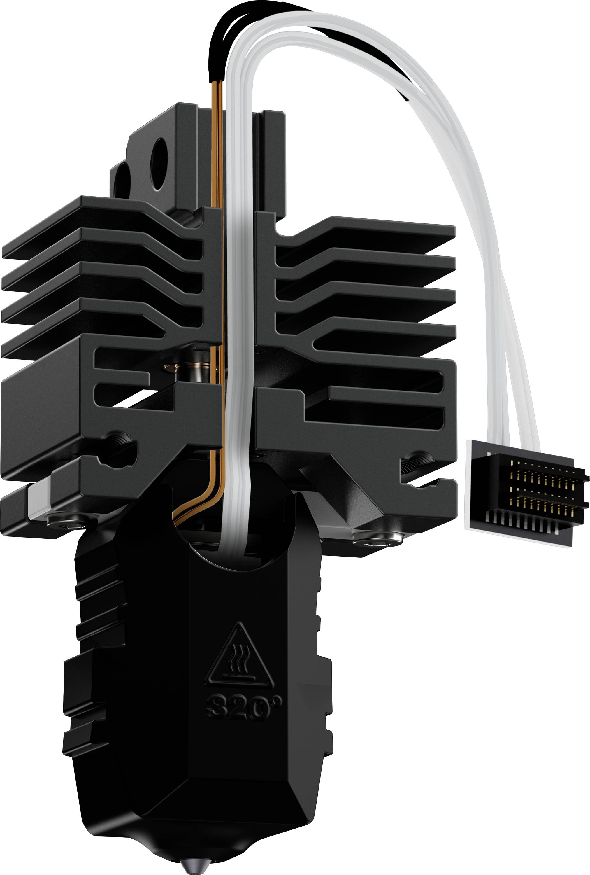 A black 3D printer extruder with attached wires and a heat sink, designed for efficient filament melting and precise printing.