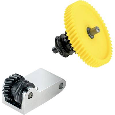 A yellow gear with a metal shaft positioned near a smaller black gear on a metal bracket, likely part of a mechanical assembly.