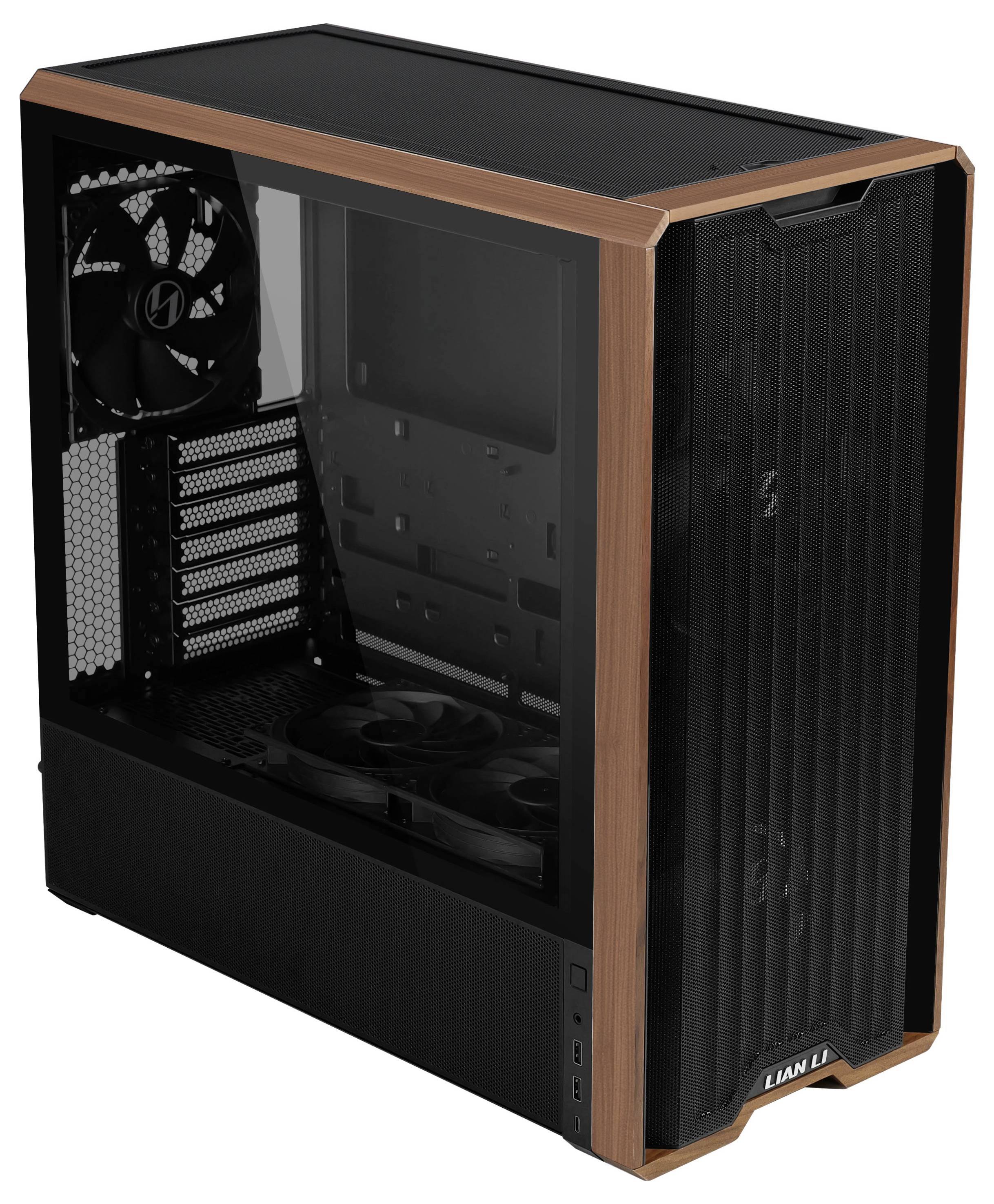A computer tower case with a transparent side panel, featuring multiple cooling fans and a sleek black and copper design.
