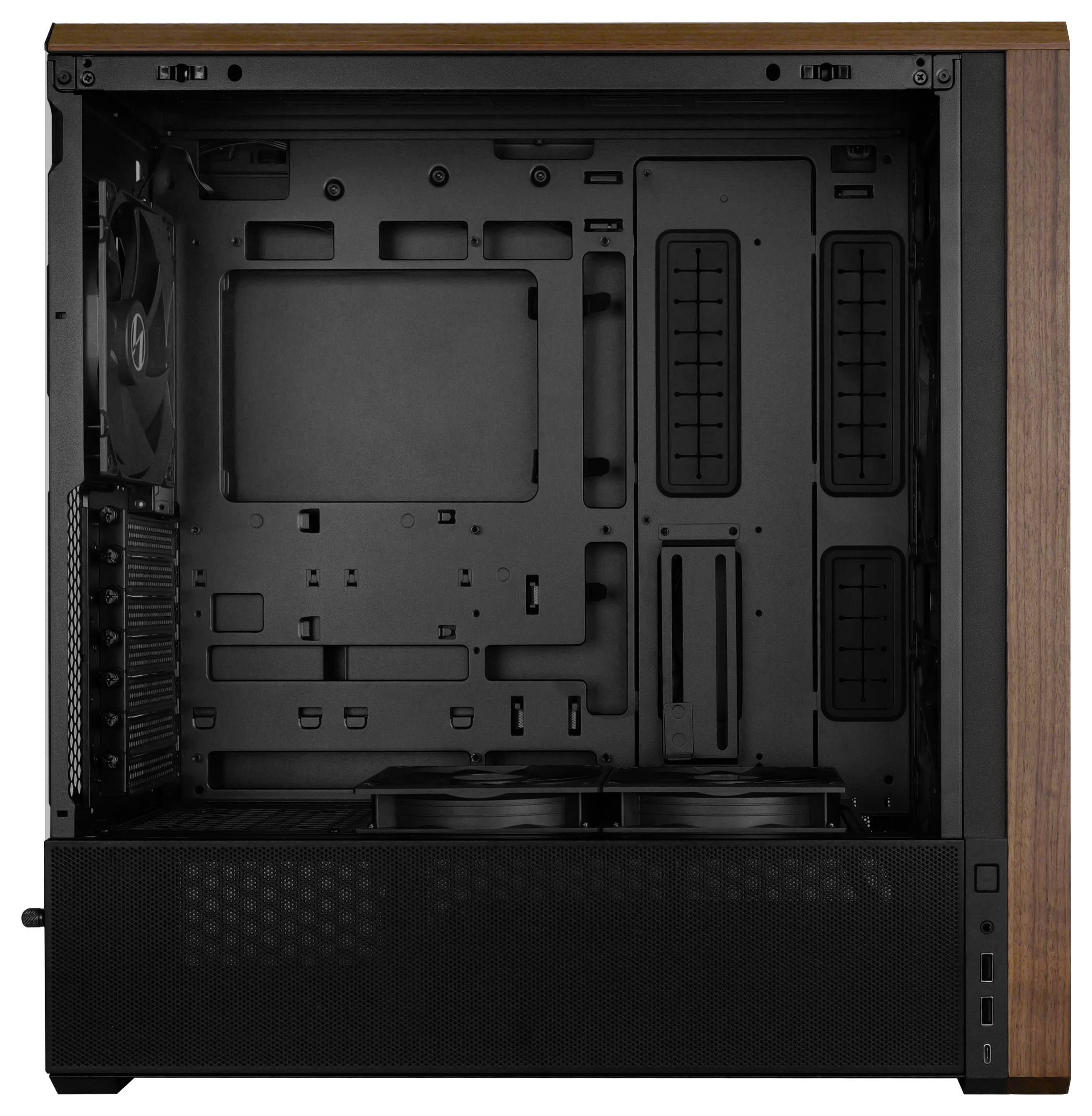 Computer case interior with a black and wooden finish; features include fan mounts, drive bays, cable management slots, and front panel ports.