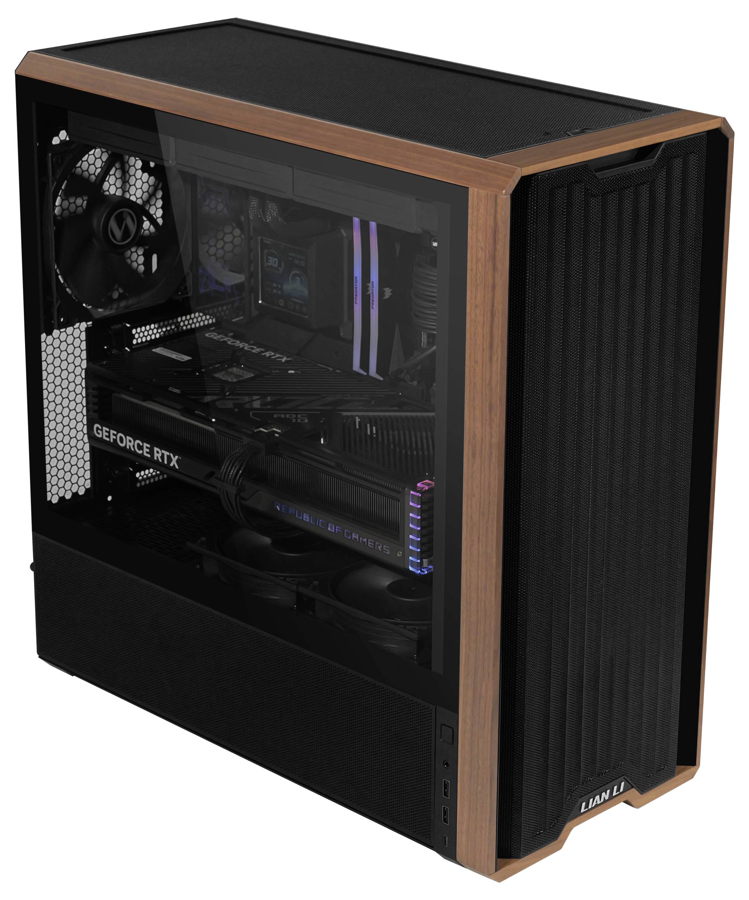 A gaming PC with a transparent side panel showcasing internal components, including a cooling fan, graphics card labeled 'GEFORCE RTX', and RGB lighting.