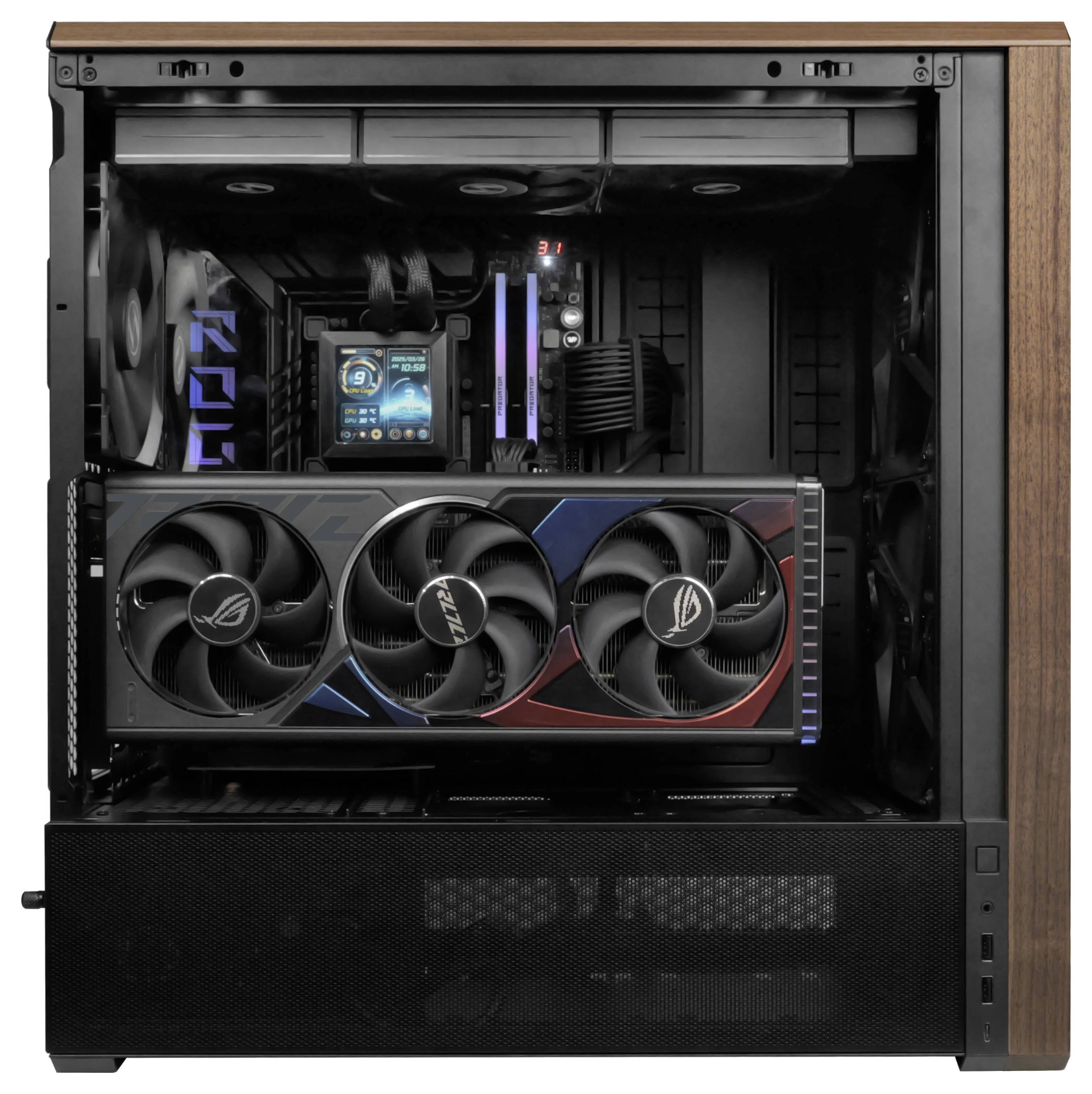 A computer case with a view of internal components, including a large graphics card and cooling system, highlighting advanced hardware setup.