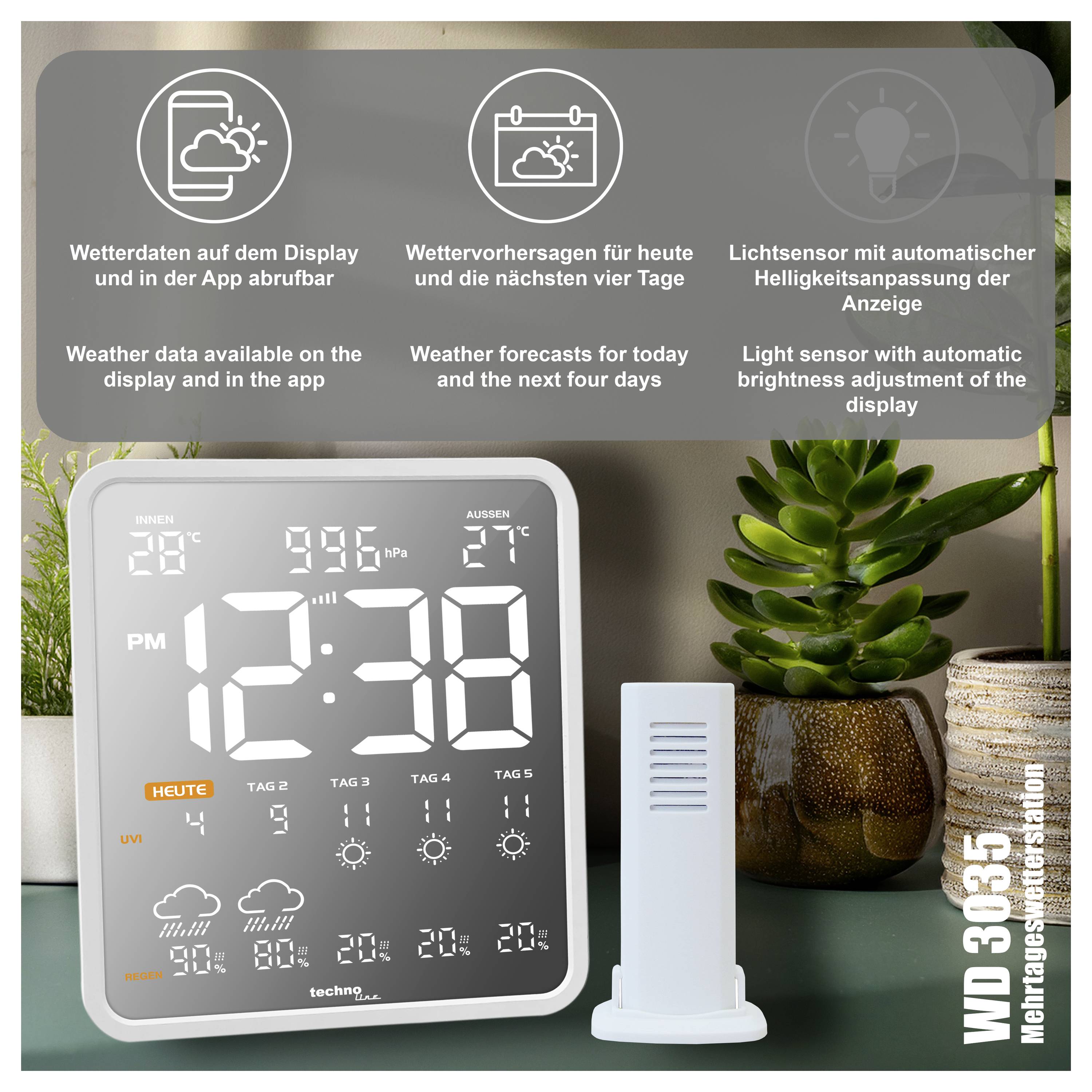 A digital weather station displays time, date, and a four-day weather forecast with icons. A wireless sensor is shown beside it.