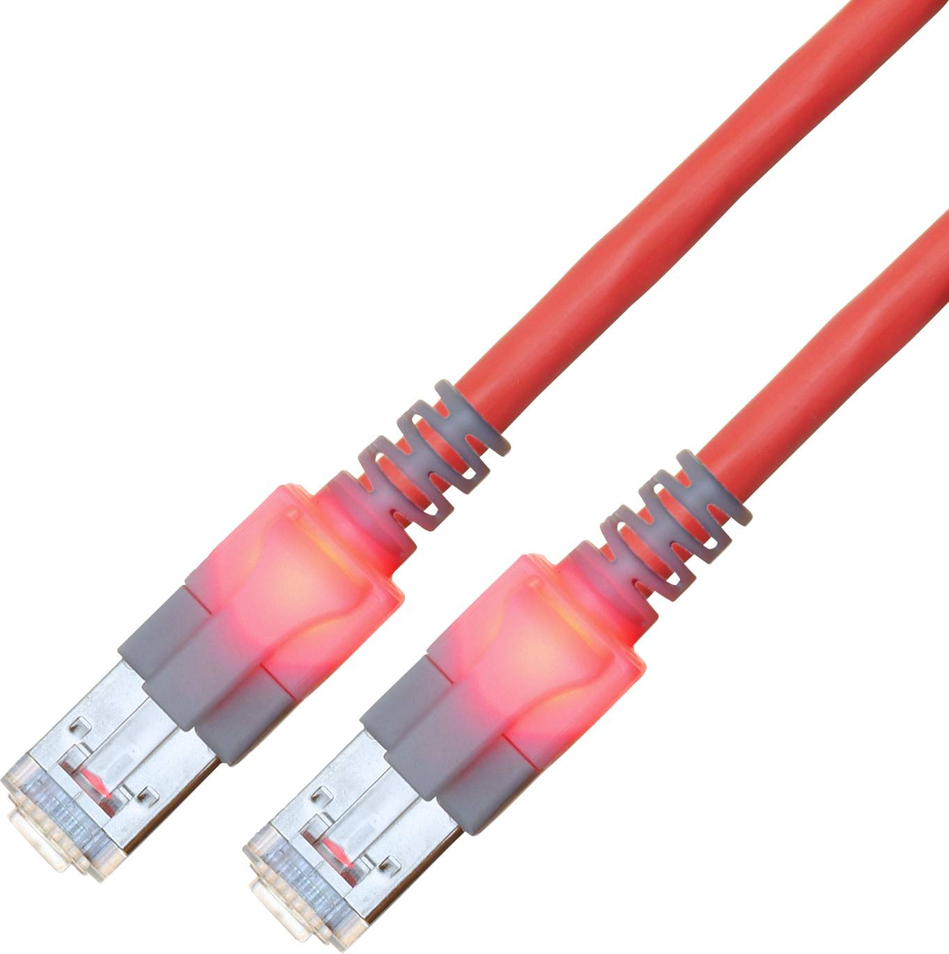 Two red Ethernet cables with glowing LED lights, illustrating connectivity and data transfer.