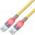 Two yellow Ethernet cables with clear connectors and red lights at the ends, indicating active data transmission.
