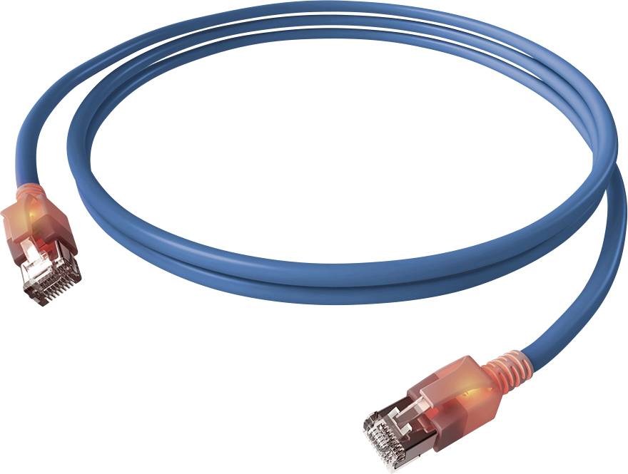 A blue network cable with two connectors on each end, each showing an orange light, indicating connectivity or data transfer.