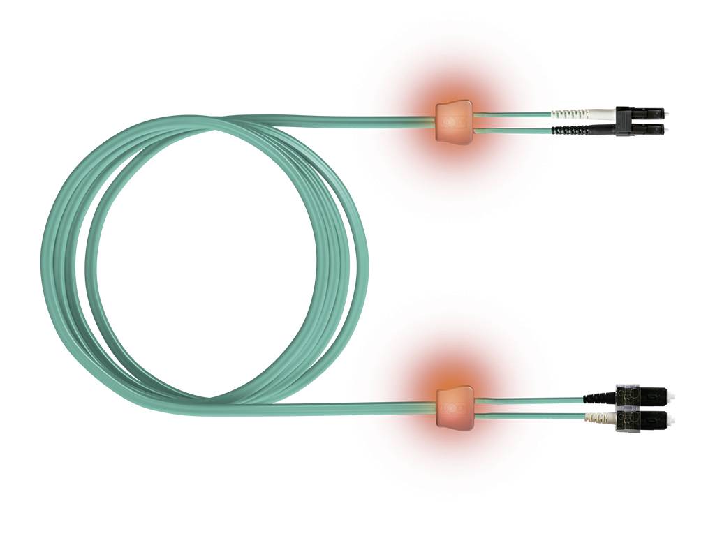 A coiled green cable with connectors on each end, highlighted with red circles near the connectors, indicating points of interest.