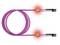 A pink fiber optic cable with glowing orange connectors at each end, indicating active data transmission.