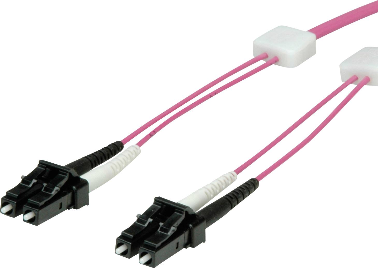 Close-up of two pink fiber optic cables with connectors on a white background.